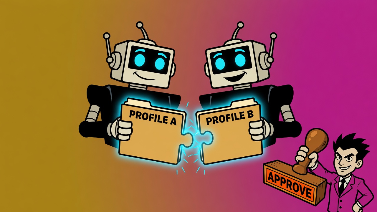 Two cartoon robot agents matching Profile A and Profile B like puzzle pieces while a human holds an APPROVE stamp