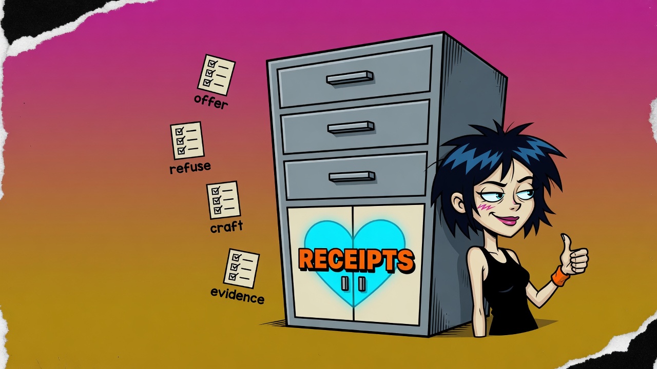 Filing cabinet company with glowing RECEIPTS heart and checklist icons for offer refuse craft evidence