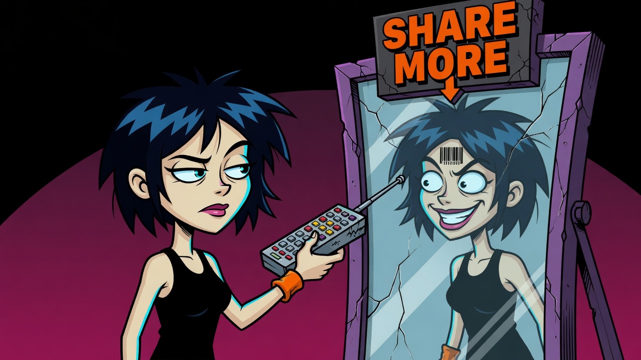 Wary woman facing a funhouse mirror of herself with a barcode forehead under a SHARE MORE sign