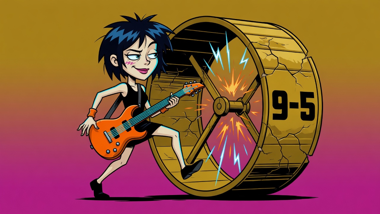 Cartoon character with orange guitar kicking free of a cracked 9-5 hamster wheel