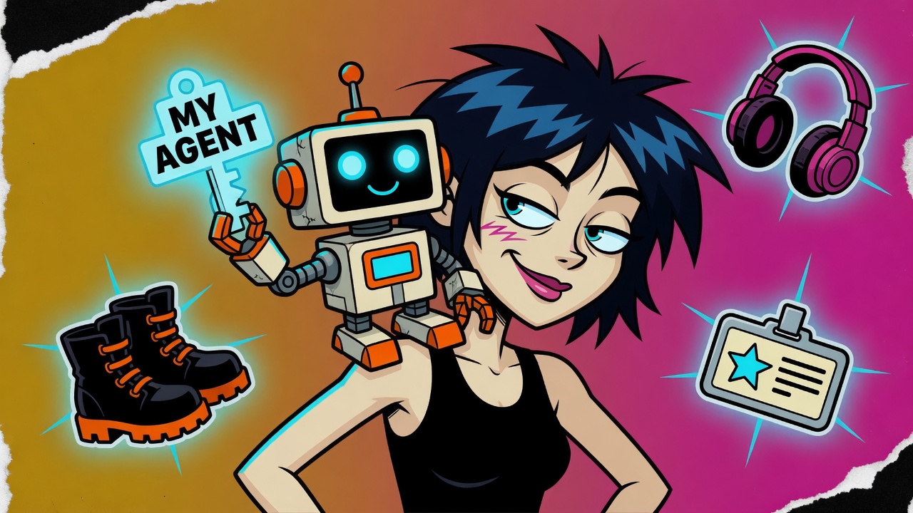 Woman with personal robot agent on her shoulder holding a MY AGENT key, boots headphones and badge snapping into place