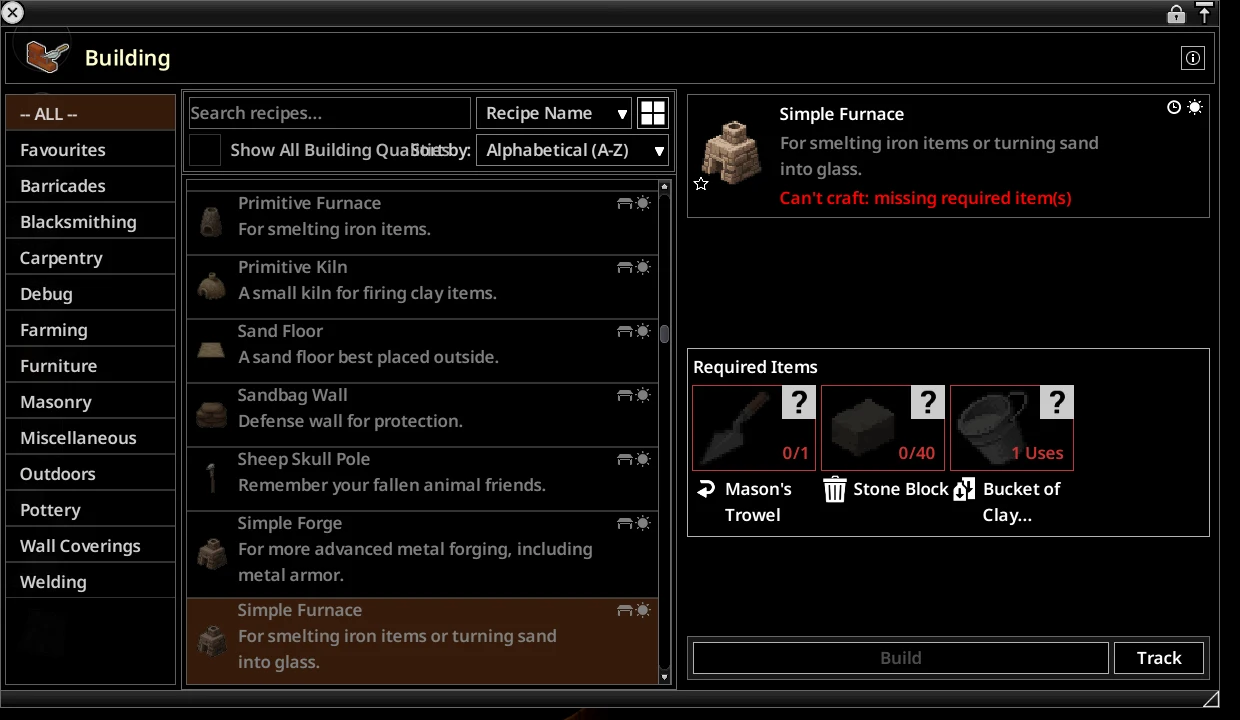 The Track button in the build window
